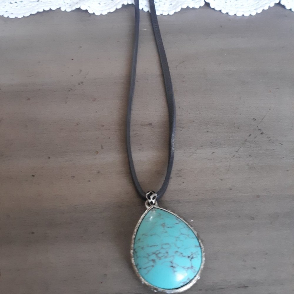 Silver tone handmade torquoise and butterfly leather strap necklace
